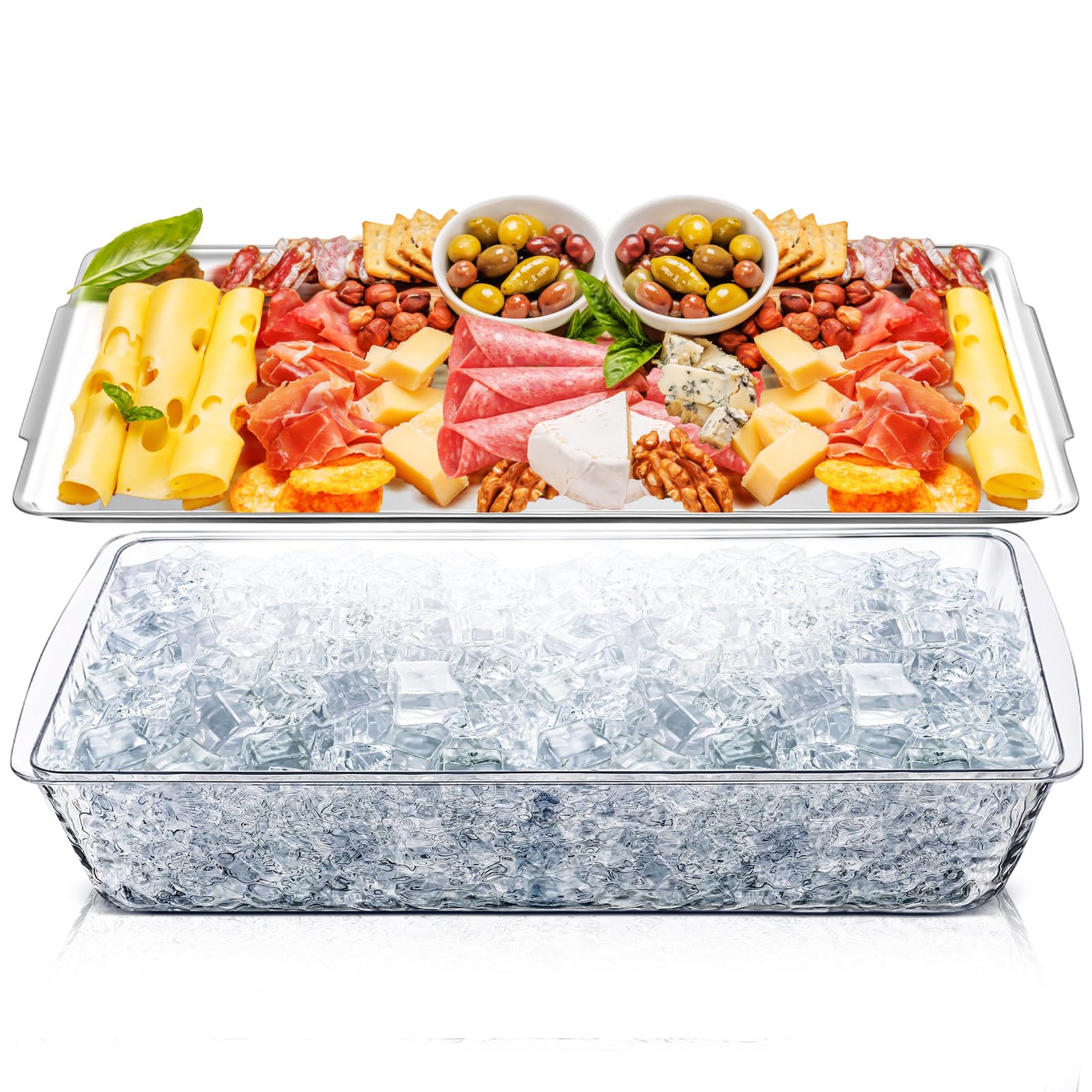 Photo 1 of Baderke 1 Set 16" x 9.45'' Chilled Serving Tray for Parties with Compartments Rectangle Serving Dish Ice Charcuterie Party Platter for Shrimp Fruit Seafood Vegetable Appetizer (Silver)