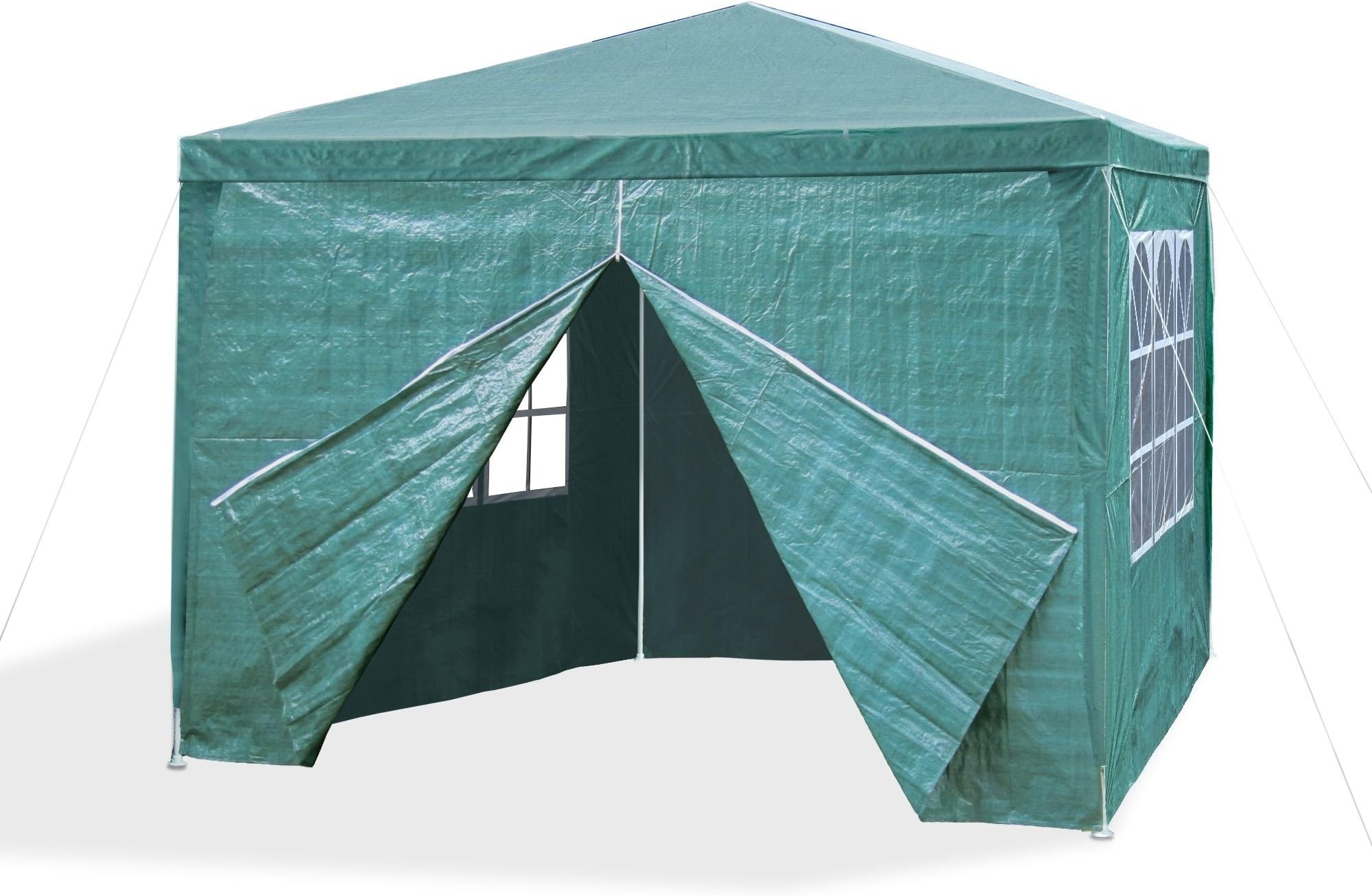 JOM Gazebo, Tent, Garden pavilion 3 x 3 m, Ø 24/18 mm, green, incl. 4 side walls / 3 x windows / 1 door, PE 110G material, all-purpose party tent, garden tent, metal bars, waterproof,plastic binder, tent pegs and ropes