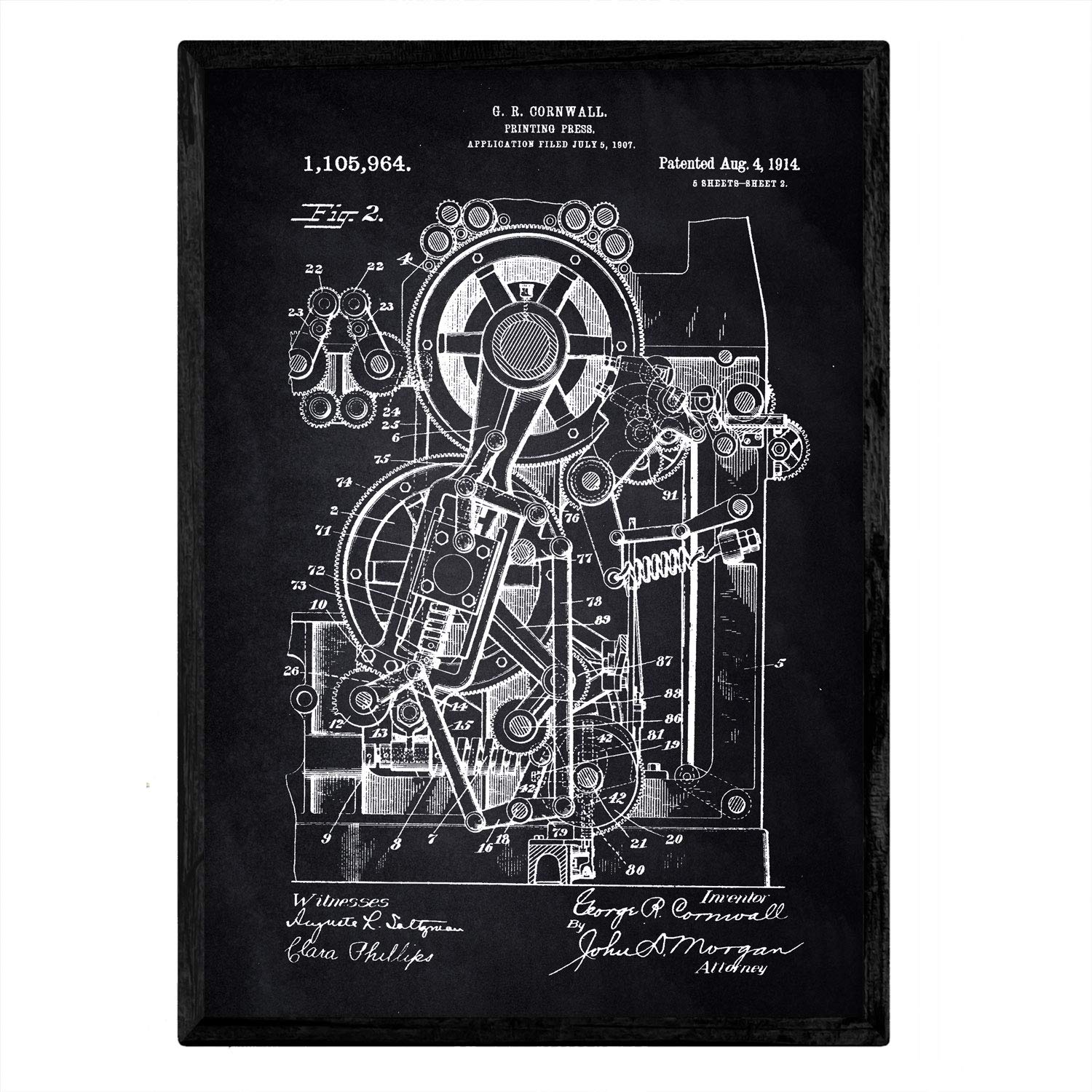 Nacnic patent Poster printing press 2. Print with old design patent in A3 size with black background