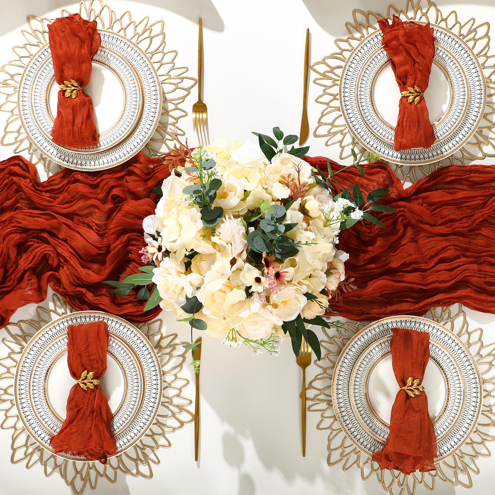 Photo 1 of **INCOMPLETE, ONLY INCLUDES 2CHEESECLOTH NAPKINS** Preboun 26 Pcs Thanksgiving Table Decorations Includes 12 Cheesecloth Napkins 2 Terracotta Table Runner 12 Gold Metal Napkin Rings Bulk Rustic Wedding Thanksgiving Party Decoration Home (Gold Leaf)
