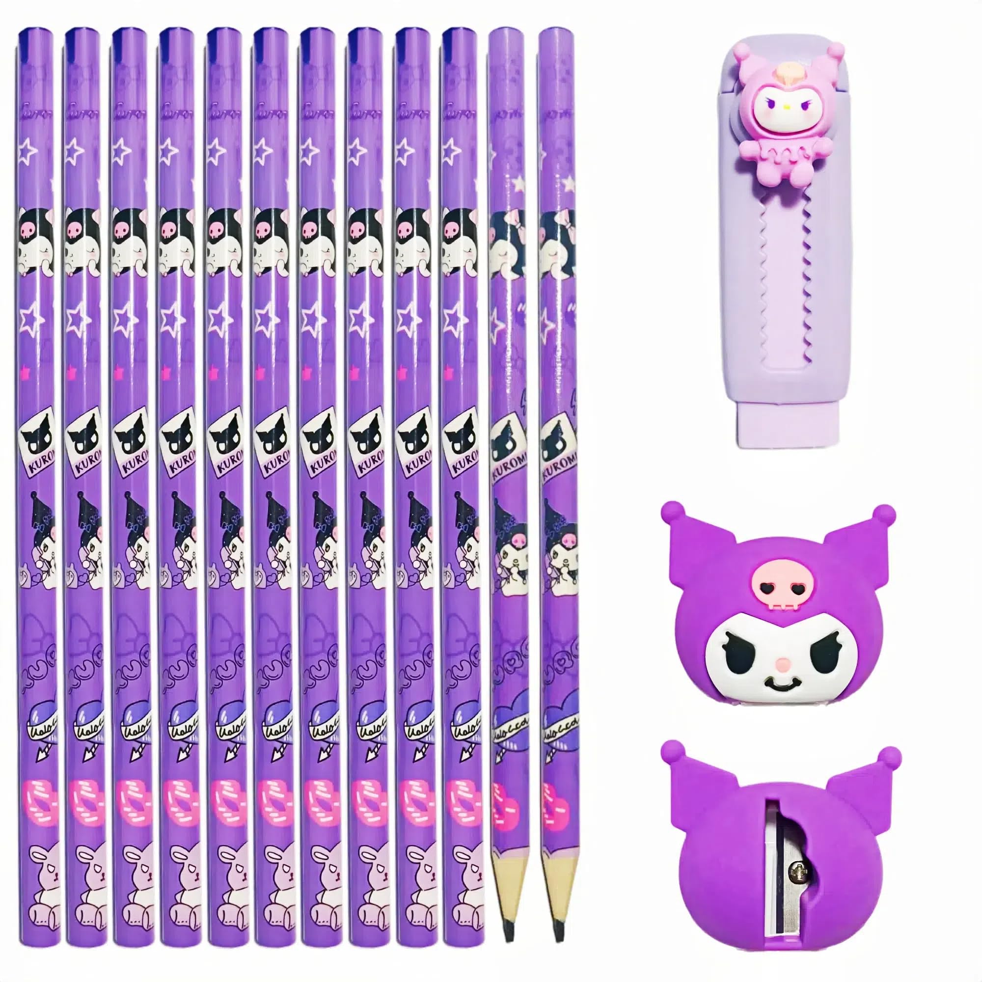 14 Pcs Kawaii Stationery Set, cute pencil set Includes 12 kawaii HB pencils, 1 cartoon pencil sharpener,1 cute retractable rubber eraser, perfect for School, Students, Kids, and Office use (Purple)