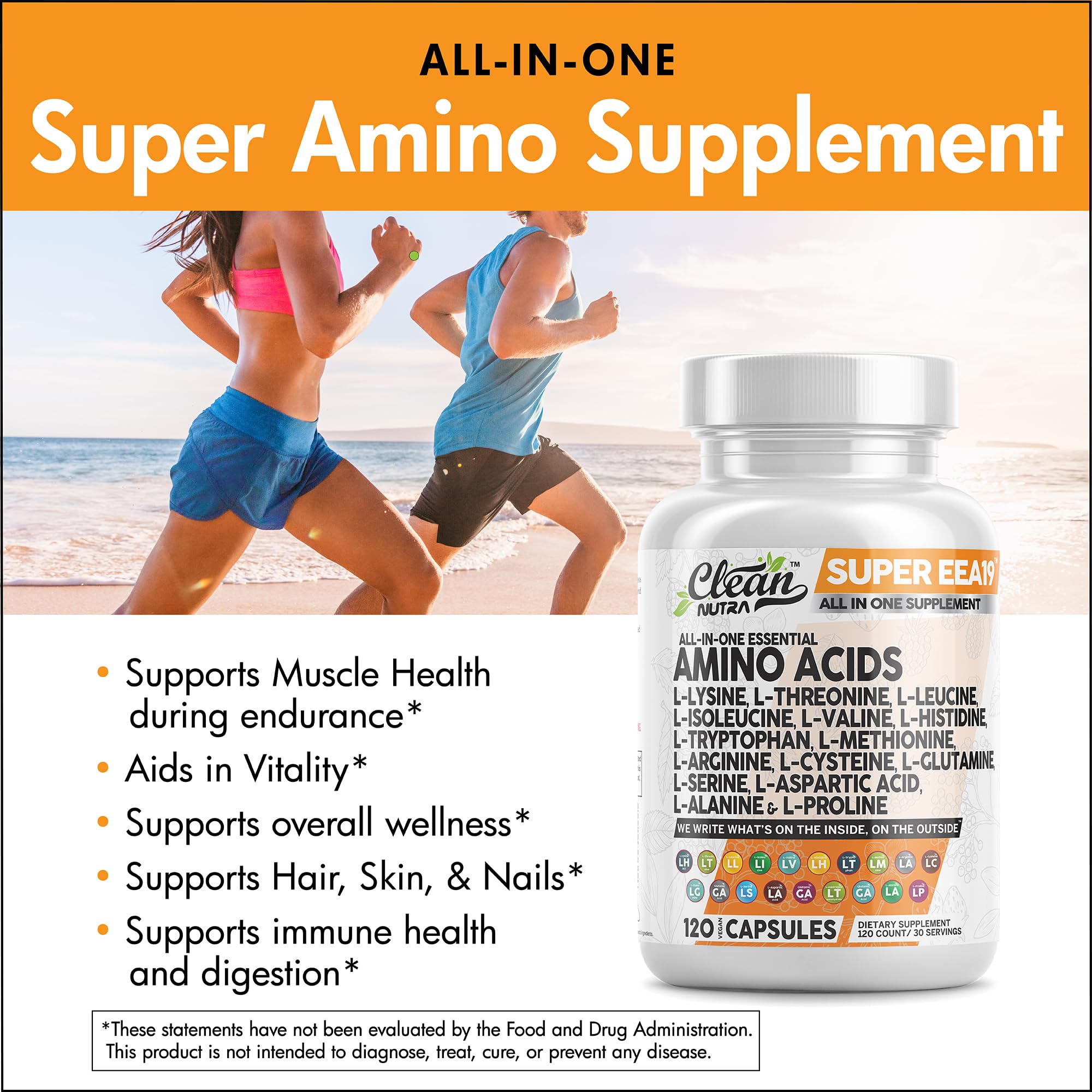 Clean Nutraceuticals Amino Acids Supplement L-Lysine, L-Threonine, L-Leucine, Isoleucine, Valine, L-Histidine, L-Tryptophan, L-Methionine, L-Arginine, L-Cysteine, L-Glutamine, L-Serine, Aspartic Acid