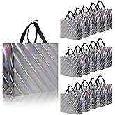 cabzymx 16 Pcs Unique Dazzling Silver Reusable Gift Bags with Handles & Bases, Shiny Non-woven Holiday Goodie Bags Bulk for Birthday, Wedding, Party- 12.6x4.7x11 In