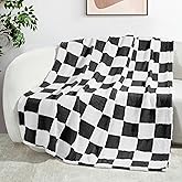 Exclusivo Mezcla Checkered Throw Blanket, Super Soft and Warm Fluffy Fleece Blanket for Couch, Sofa, Bed, Cute Plaid Pattern, Black, 50" x 60"