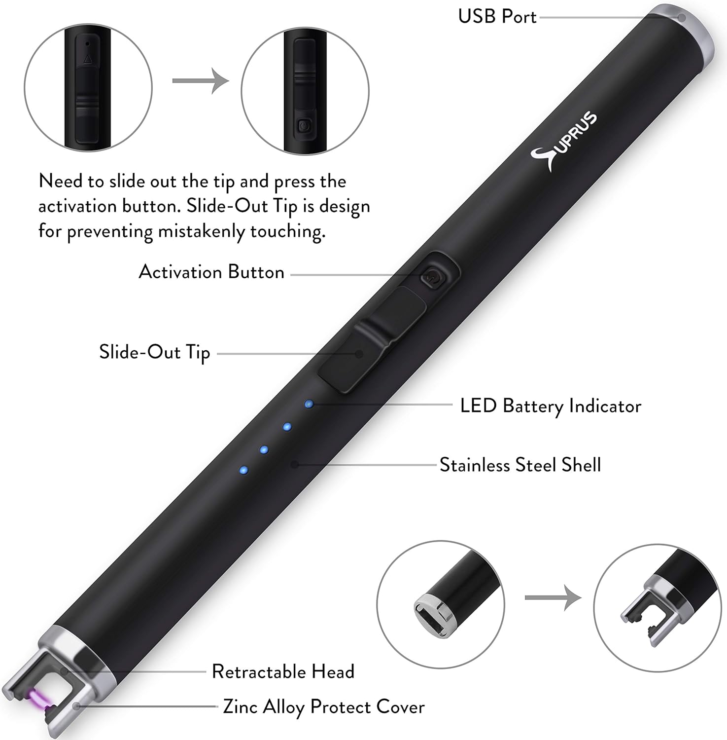 SUPRUS Lighter Candle Lighter Electric Arc Coil with Upgrade Battery Indicator Triple Safety Rechargeable Flameless Windproof Portable 6.89IN Stainless Steel No Spark&Smell Pocket Size Giftbox: Health & Personal Care