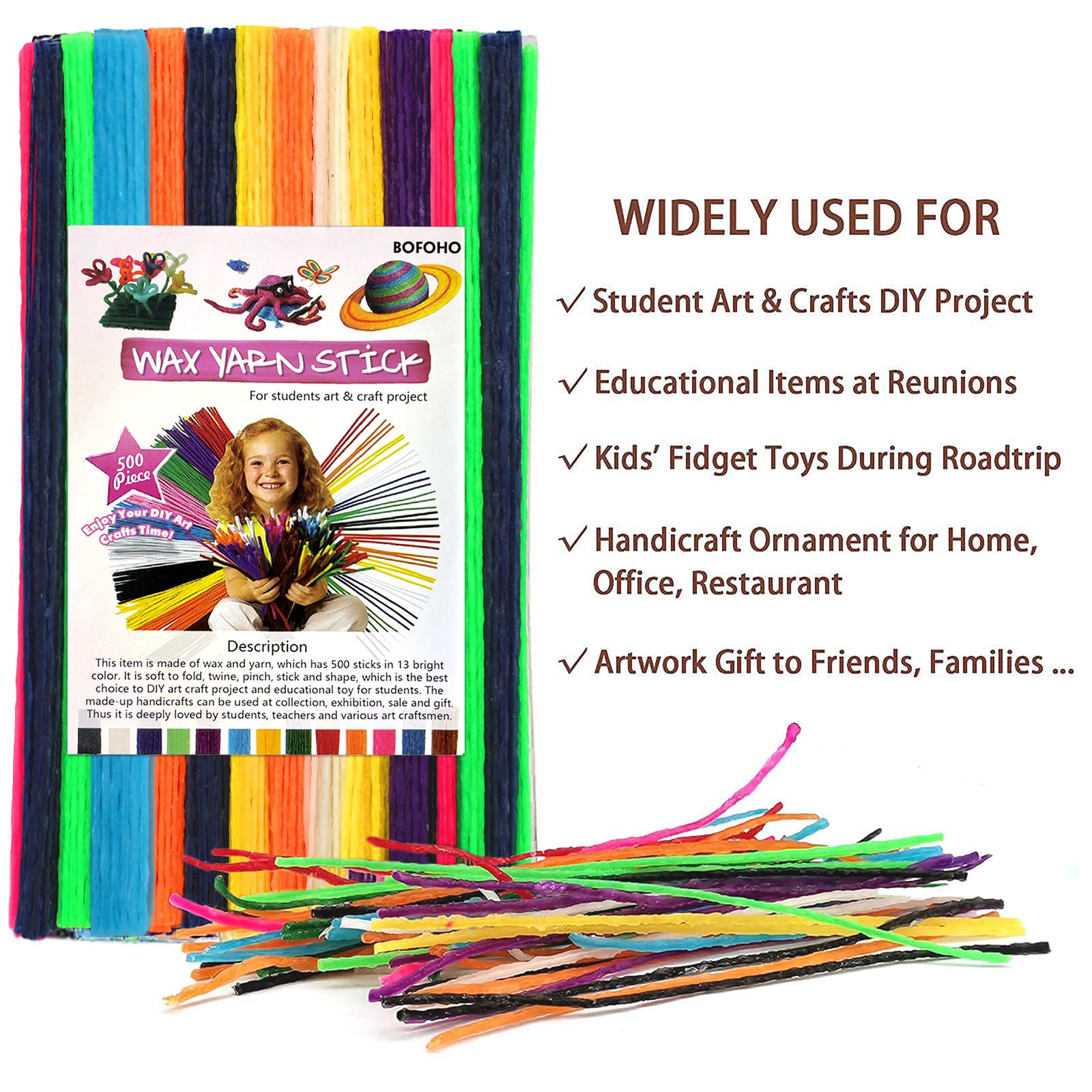 500pcs Wiky Sticks Art Crafts Wax Yarn Sticks Bendable Camping Essentials for Kids Toddlers Summer Travel Road Trip Activities Perfect Handicraft Gift