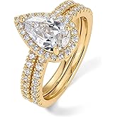 PAVOI 14K Gold Plated 1.7CT Pear Cubic Zirconia Eternity Engagement Ring Promise Ring Set for Women - Hidden Halo