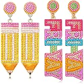 2/3 Pairs Pencil Earrings - Rhinestone Beaded Dangle Drop Earrings for Women - Colorful Teacher Appreciation Gift Set