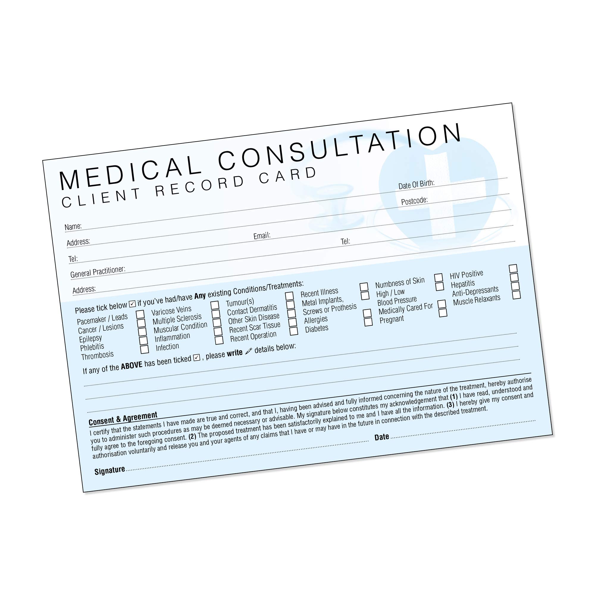 Medical Client Record Card - Treatment Consultation Form for Mobile Therapists & Salons A5 Pack of 50 - Landscape