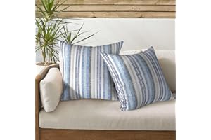 DYTXIII Set of 2 Outdoor Waterproof Pillow Covers 18 x 18 Inch, Square Solid Decorative Water Resistant Throw Pillowcase for Balcony, Porch, Couch and Patio Furniture Use - Stripe Layered Blue