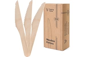 Pantry Value [100 Count Wooden Disposable Knives, Splinter-free Biodegradable Knives, Eco-friendly, Compostable Utensils for Outdoors, Parties, and events