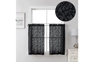 Lecloud Leia 2 PCS Black Sheer Kitchen Curtains 36 Inch Length, Airy & Breathable Clip Textured Leaf Cafe Living Room Voile Curtain Tiers, Dual Rod Pockets Jacquard Bathroom Bedroom Drapes, 38W x 36L