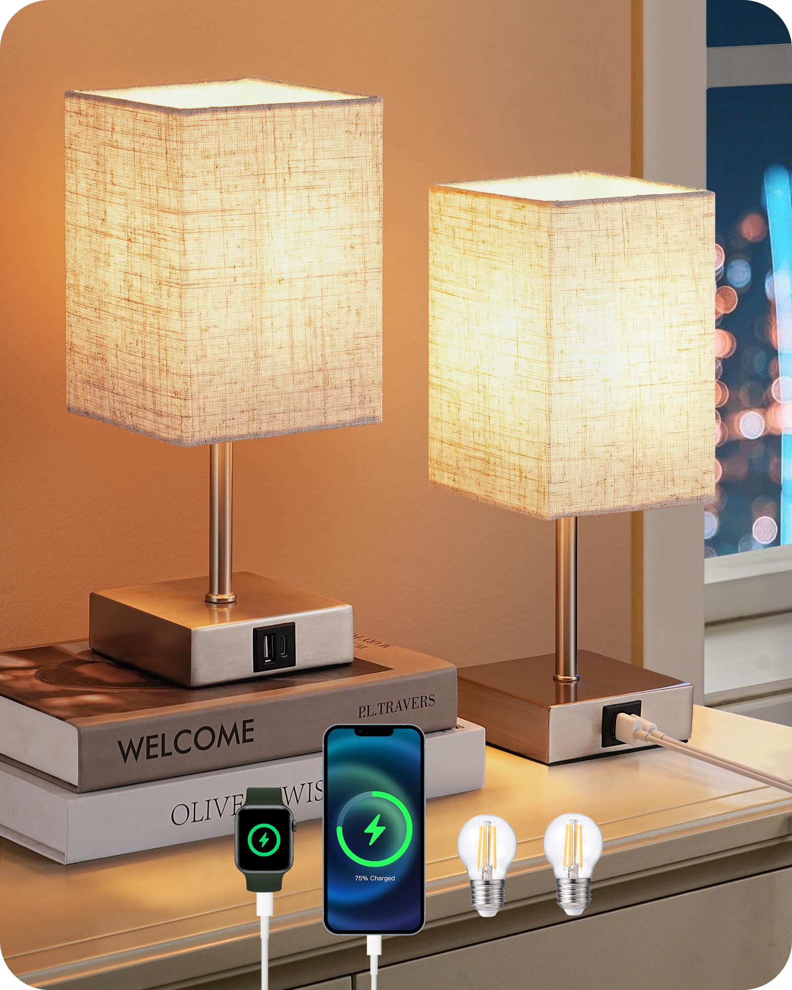 EDISHINE Bedside Lamps Set of 2, 3 Way Dimmable Table Lamps with USB A+C Charging Ports, LED Bulb Included, Touch Lamps for Bedroom, Living Room, Beige Linen Lampshade, 2700K