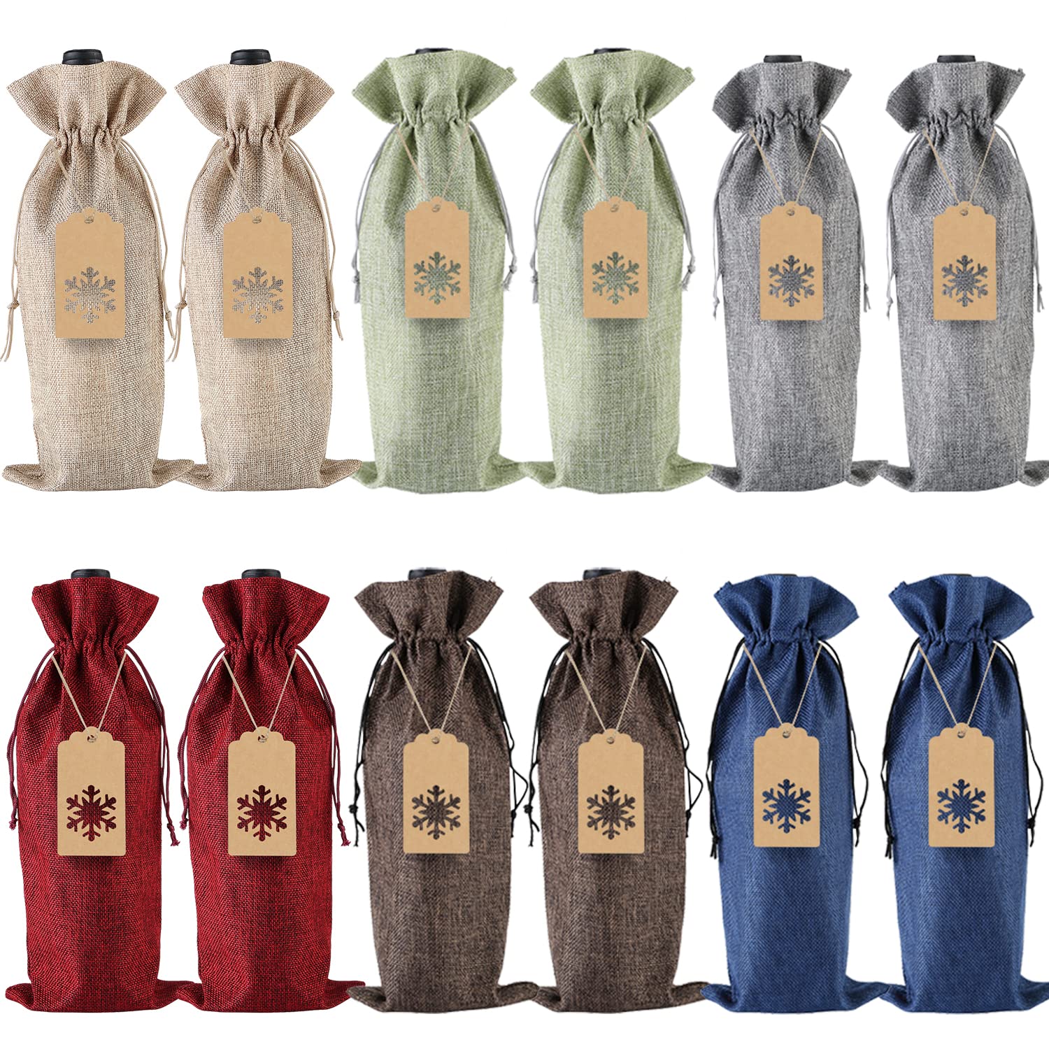 PIXHOTUL Burlap Wine Gift Bags, 12 Pcs Jute Drawstring Wine Bottle Covers with Tags and Ropes for Christmas, Wedding, Travel, Birthday, Holiday Party