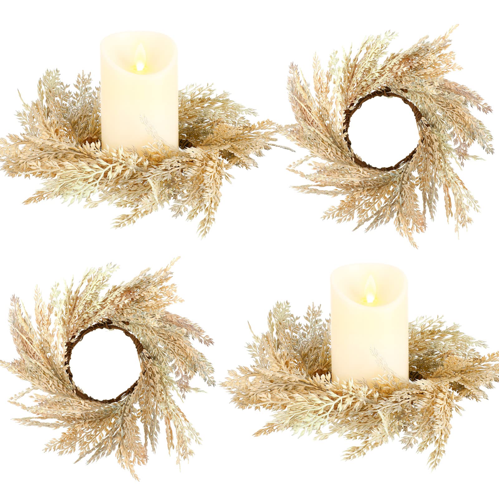 Photo 1 of Panelee 4 Pcs Pampas Grass Candle Rings Wreath Faux Pampas Grass Candleholders 3.9 Inch Small Boho Wreath Artificial Greenery Candle Rings for Wedding Home Decor Fall Tabletop Farmhouse Decor