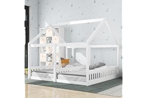 MERITLINE Twin House Bed for 2 Kids, Double Shared Size Beds, Wooden Toddler, Montessori, Floor, Teens, Boys & Girls, Can Be Decorated Tent (Double, White)