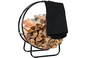 Sunnydaze 24-Inch Firewood Rack with Cover - Black Indoor Firewood Holder - Log Holder Hoop and Cover Set - 300-lb Capacity
