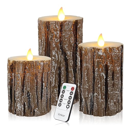 Vinkor Flameless Candles Battery Operated Candles Real Wax Pillar LED Candles with 10-Key Remote and Cycling 24 Hours Timer (Birch Effect 4" 5" 6")