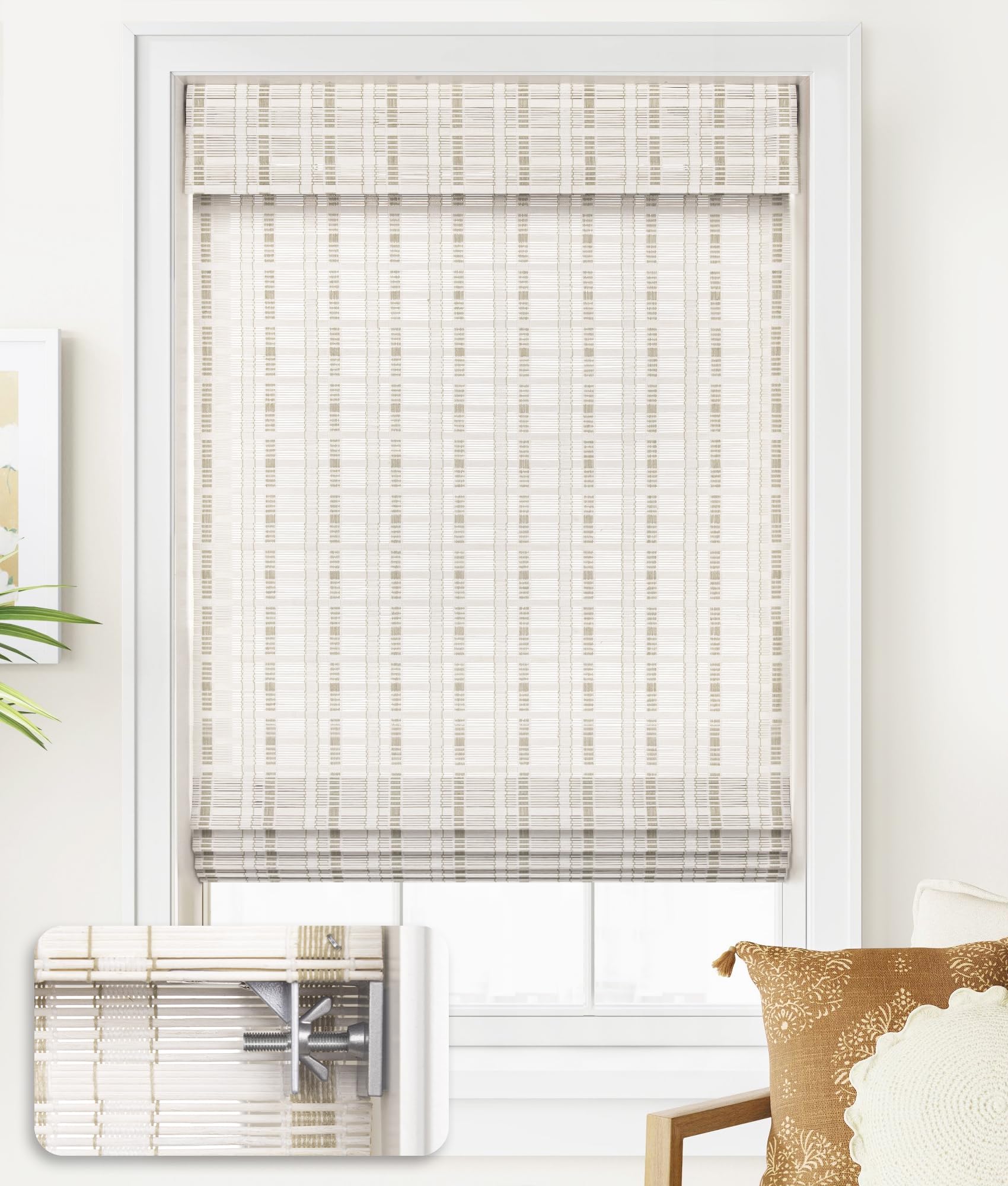 Photo 1 of LazBlinds No Tools No Drill Cordless Bamboo Roman Shades, Light Filtering Window Treatment, Roll Up Bamboo Blinds for Window 36'' W x 64'' H, Whitewash B