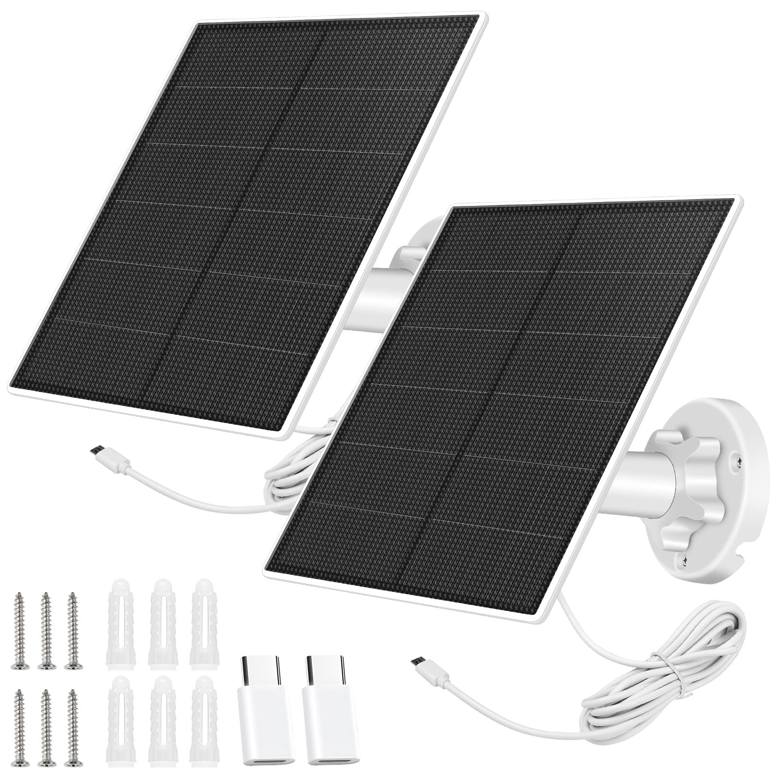 Photo 1 of Solar Panel Charger for Security Camera Outdoor, 5W Solar Panels with Micro USB & USB C Adapter for DC 5V Rechargeable Battery Camera, IP65 Waterproof, 360°Adjustable Mounting, 9.8 Ft Cable (2 Pack)