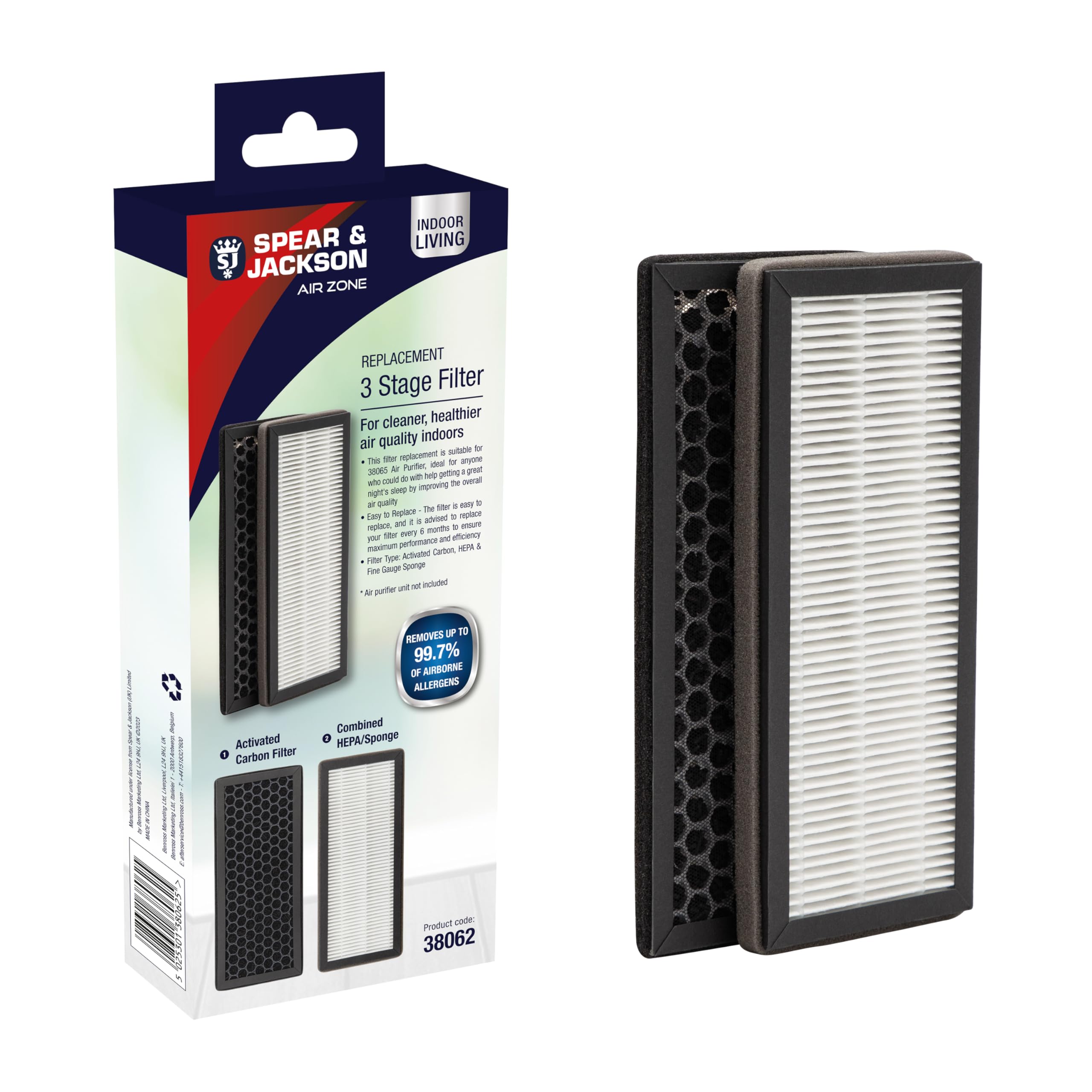 Spear & Jackson 38062 Replacement Filter / 3 Stage Air Purifying Filter / Easy to Replace / Removes Household Air Pollutants