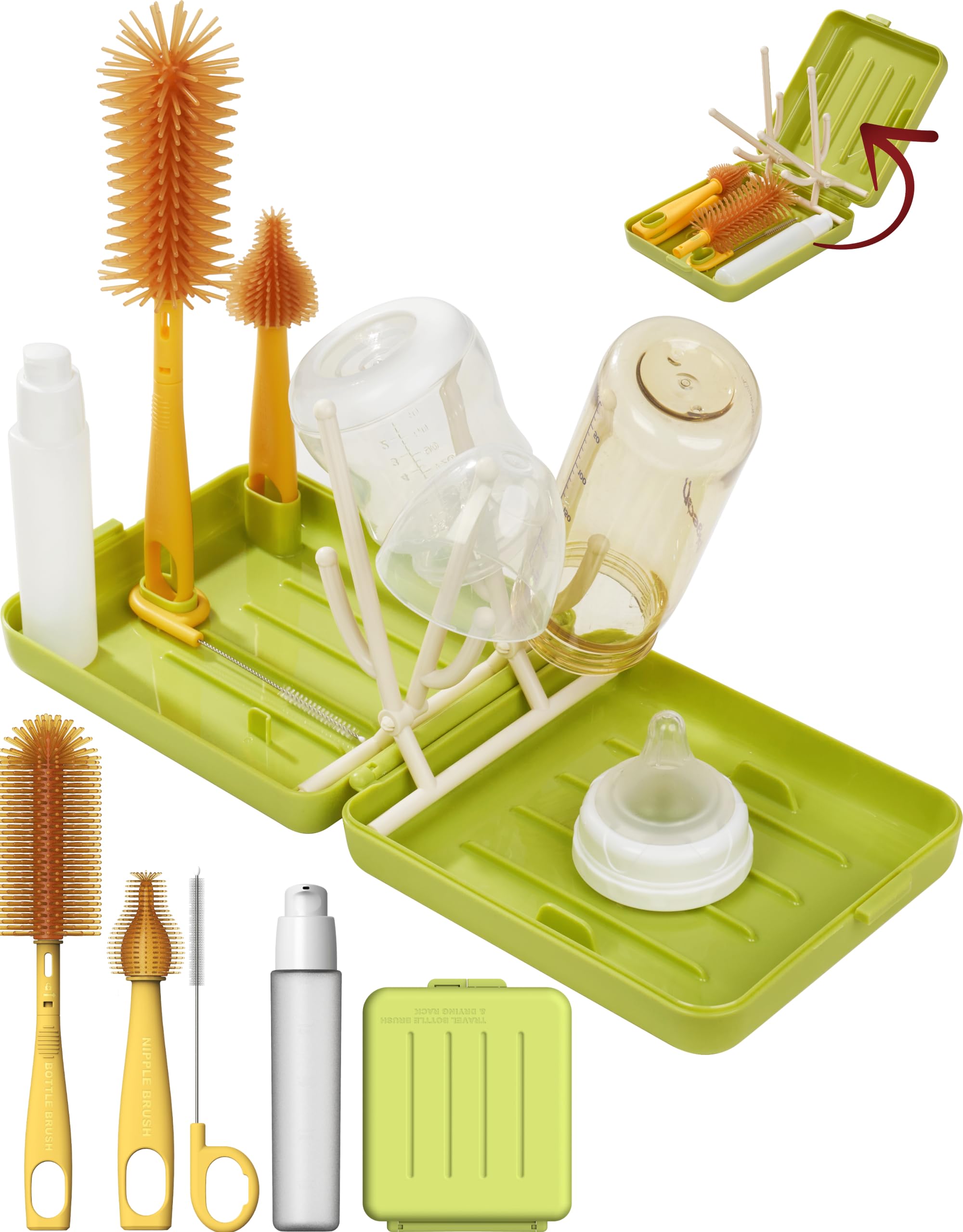 Photo 1 of Travel Bottle Cleaner kit, 6in1 Baby Toddler Travel Essential Silicone Bottle Brush Set, Baby Bottle Soap Dispense, Drying Rack, Nipple, Straw Breast Pump Cleaning, Storage Case, Gift for Moms (Green)