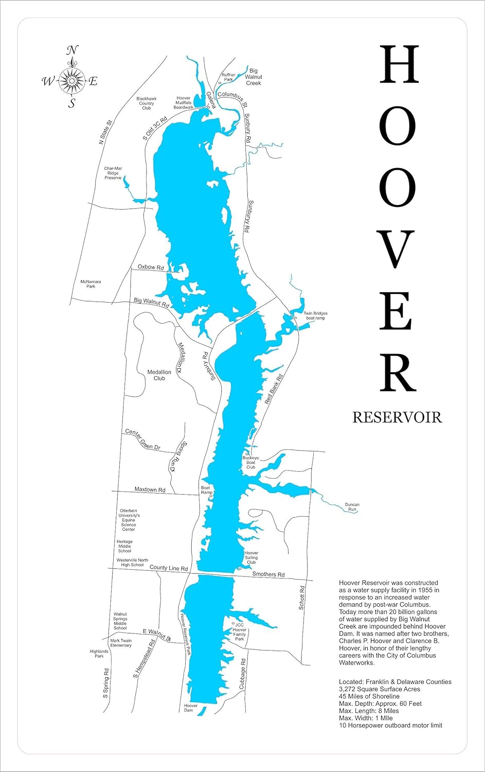 Hoover Reservoir, Ohio Framed Wood Map Wall Hanging Handmade