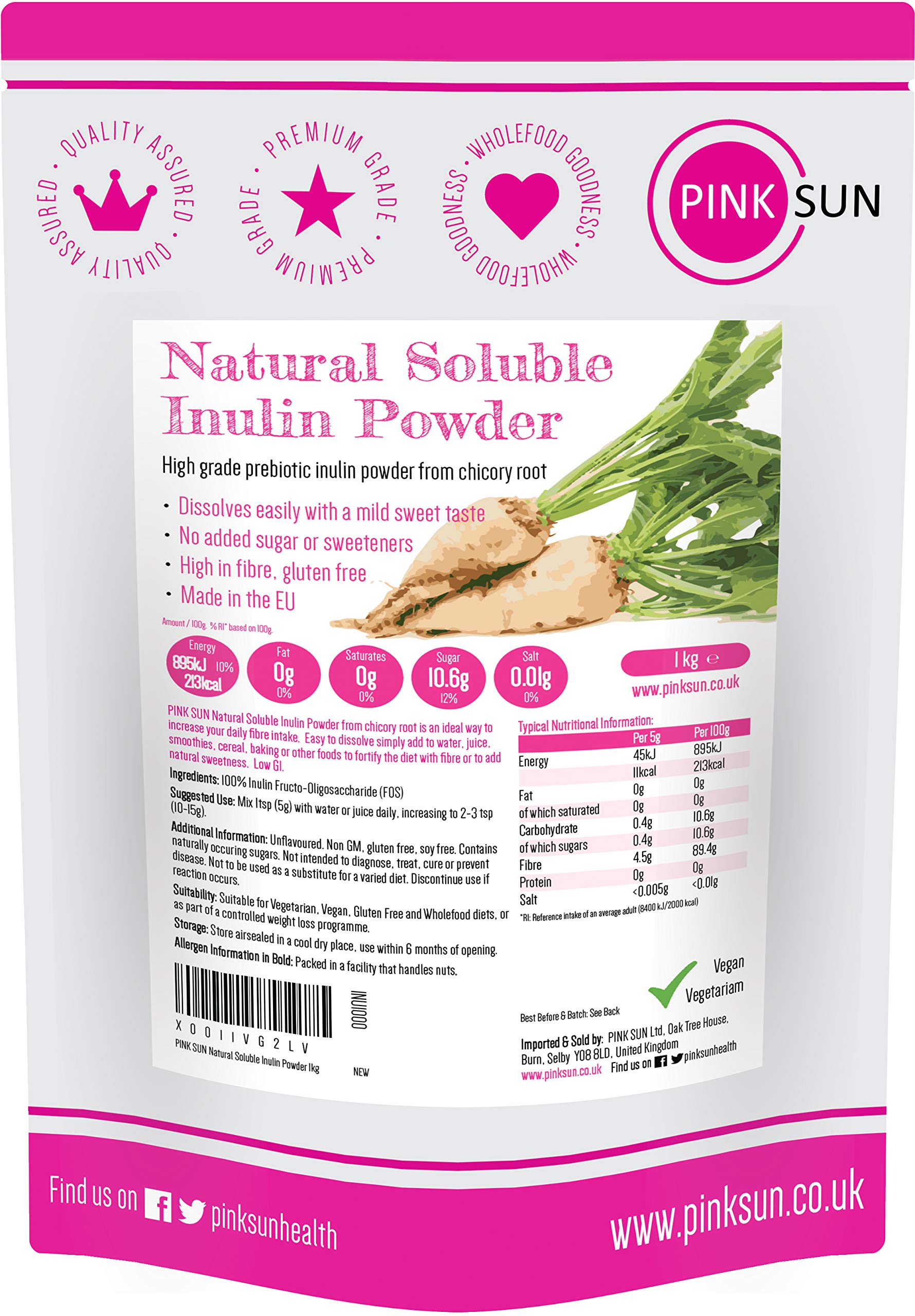 PINK SUN Inulin Powder 1kg (or 2kg 3kg 5kg) High Fibre Sugar Free Pure from Chicory Root High Grade Prebiotic Unflavoured Gluten Free Vegetarian Vegan 1000g Bulk
