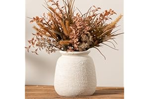 OOIT Ceramic Flower Vase, 7.48 Inch White Rustic Farmhouse Decorative Vase Pottery Wide-Mouth Vases for Home Decor Table Living Room Entryway Mantel Bookshelf Bedroom Bathroom Kitchen