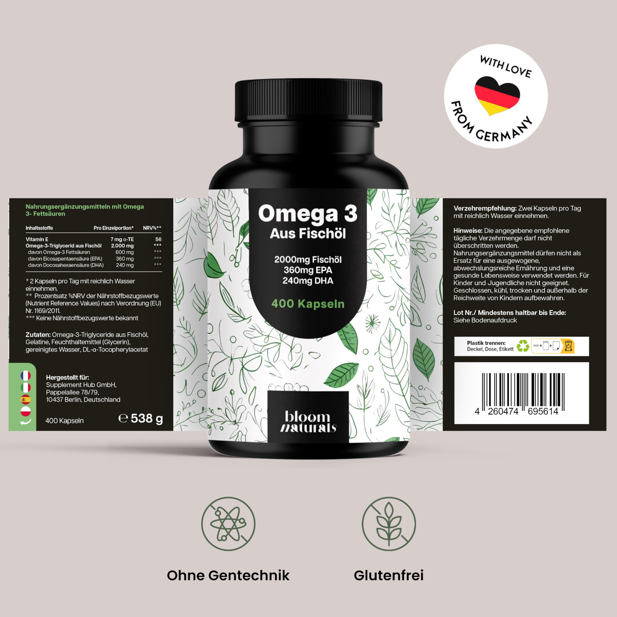 Omega 3 Kapseln Hochdosiert - 400 Kapseln mit 2000mg - EPA 360mg & DHA 240mg Fischöl pro Tagesportion - Omega 3 Fettsäuren Kapseln, produziert in Deutschland Laborgeprüft - Verpackung kann variieren 7