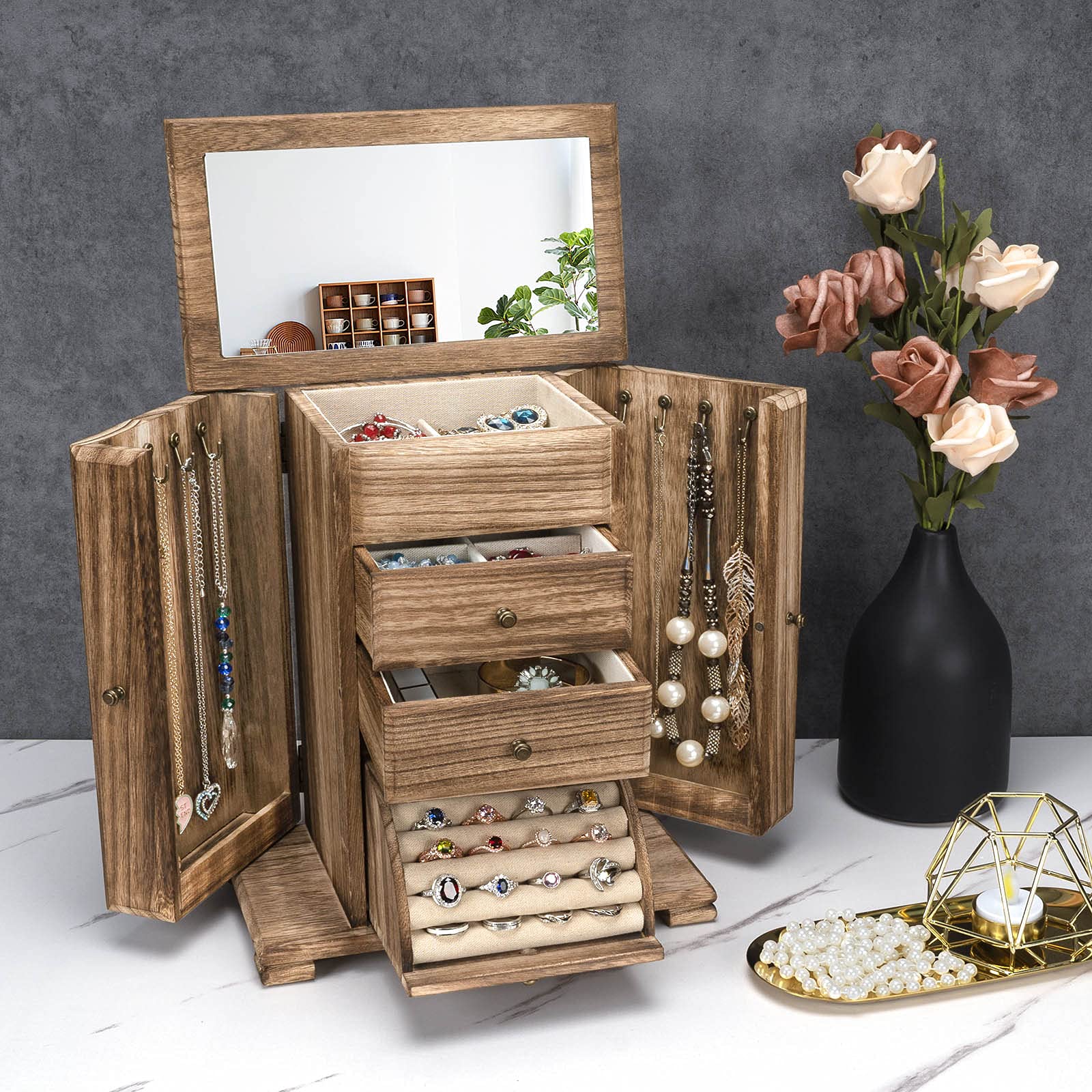 Emfogo Emfogo Jewelry Box for Women, Rustic Wooden Jewelry Boxes & Organizers with Mirror, 4 Layer Jewelry Organizer Box Display for Rings Earrings Necklaces Bracelets (Rustic Brown)