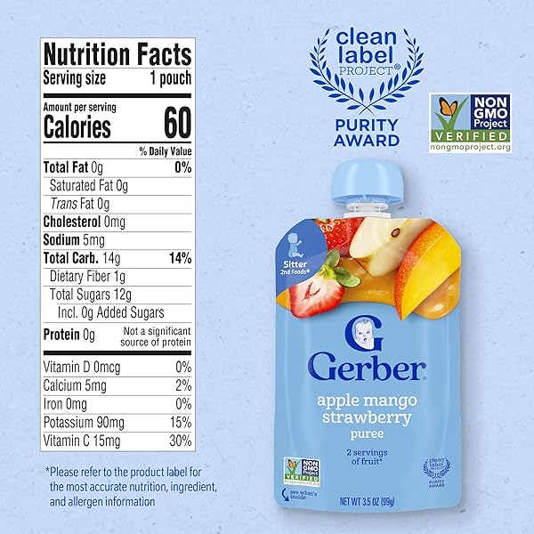 GERBER STAGE 2 BABY FOOD, APPLE MANGO STRAWBERRY PUREE POUCH, 2 SERVINGS OF FRUIT, NO ADDED SWEETENER, NO ARTIFICIAL COLORS OR FLAVORS, 12-PACK