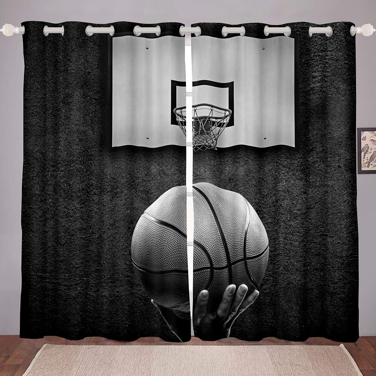 Tbrand Basketball Curtains Sports Theme Curtains for Bedroom Living Room for Kids Boys 3D Basketball Hoop Windows Drapes Basketball Game Room Decoration,Gray, W46*L54