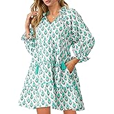 Wenrine Womens Casual Mini Dress Long Sleeve Floral Ruffle V Neck Fall Loose Boho Babydoll Dresses with Pockets Green
