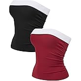 OLCHEE Womens 2PK Tube Tops Off Shoulder Seamless Ribbed Strapless Sleeveless Side Ruched Slim Fitted Summer Going Out Top