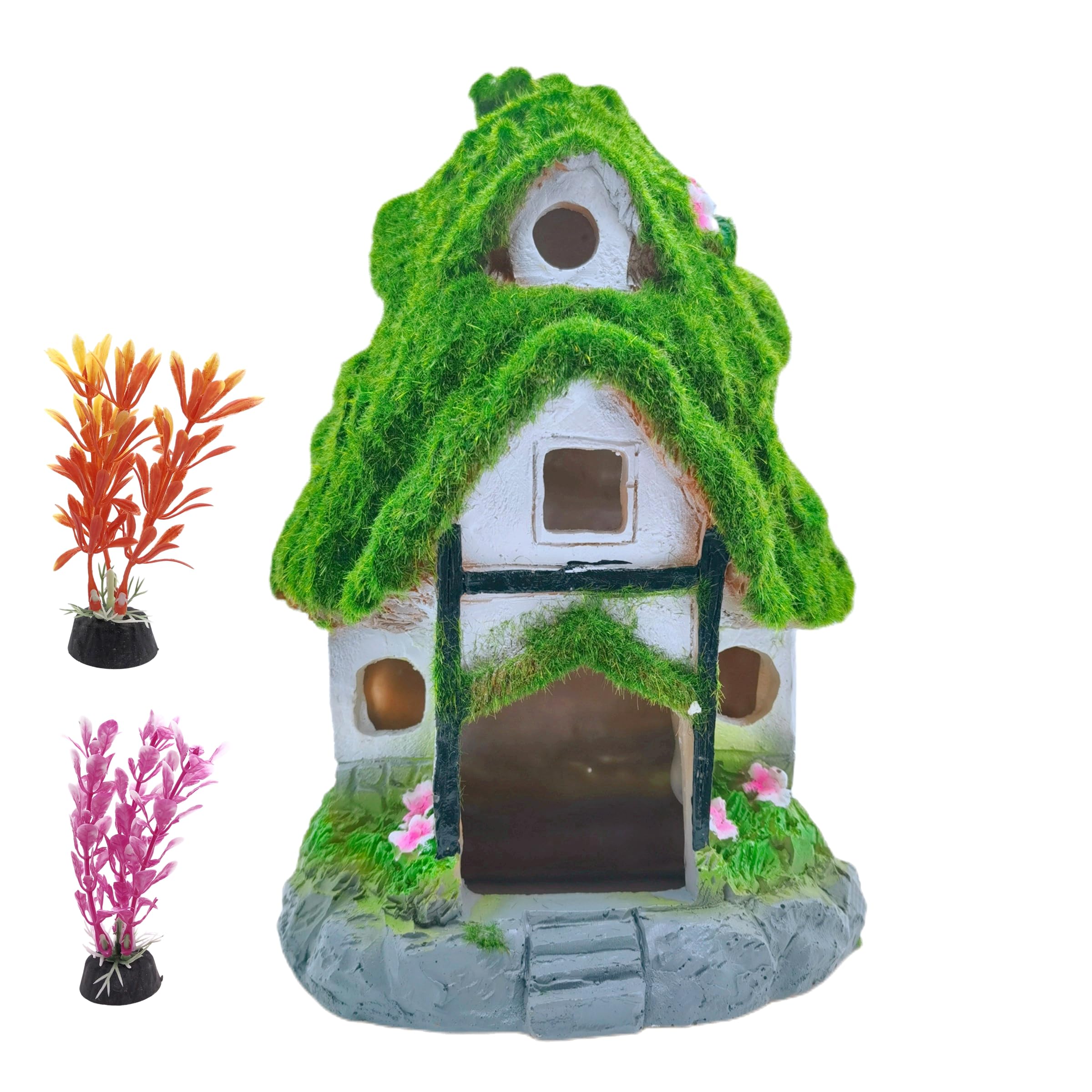 M2cbridge Aquarium Decorations Fish Hideout House Betta Cave with Green Lifelike Moss (Garden Shed) — image 1