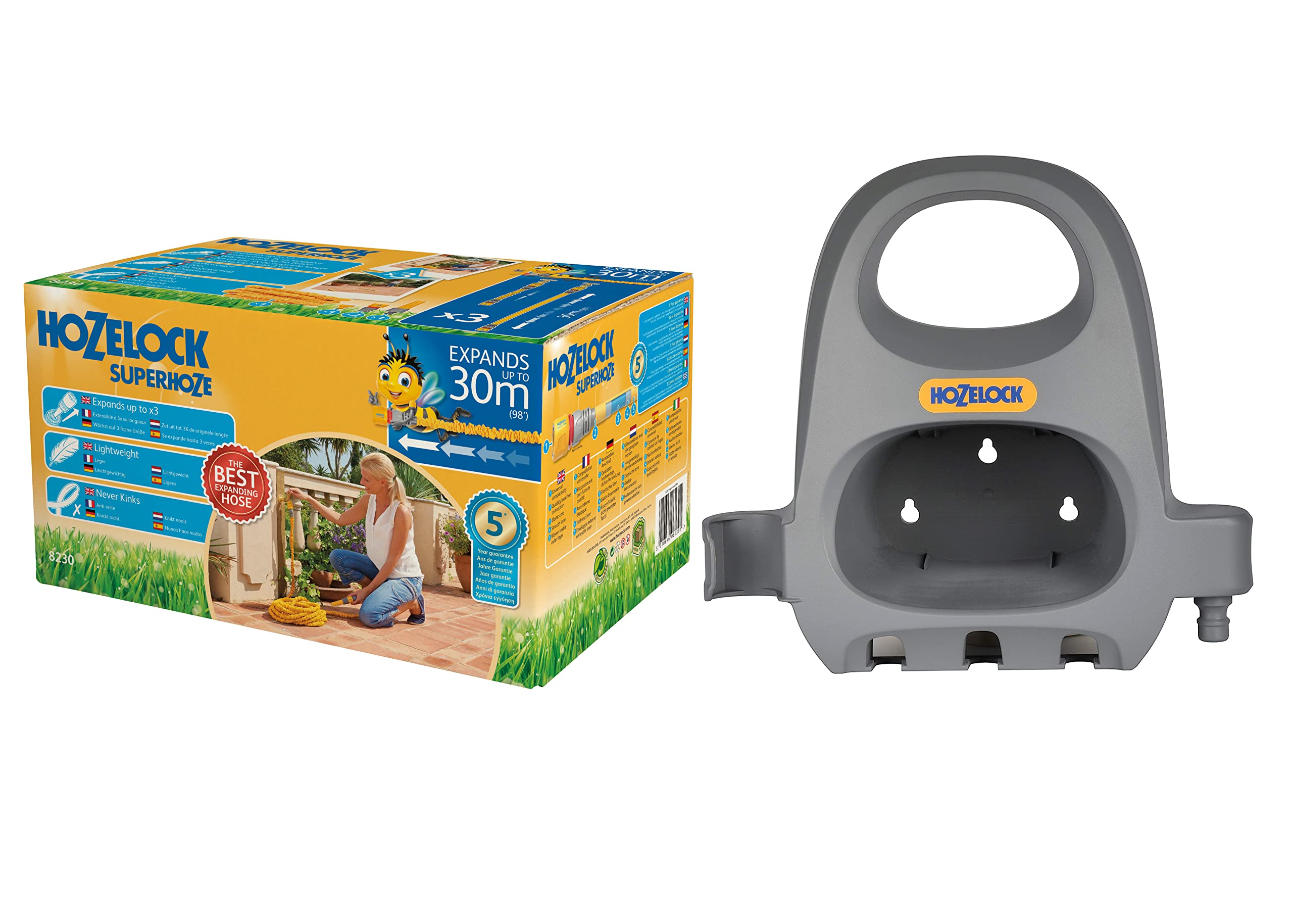 Hozelock 30m Superhoze Hosepipe, Yellow & Grey & Hose Hanger, Grey, 3.5 kg