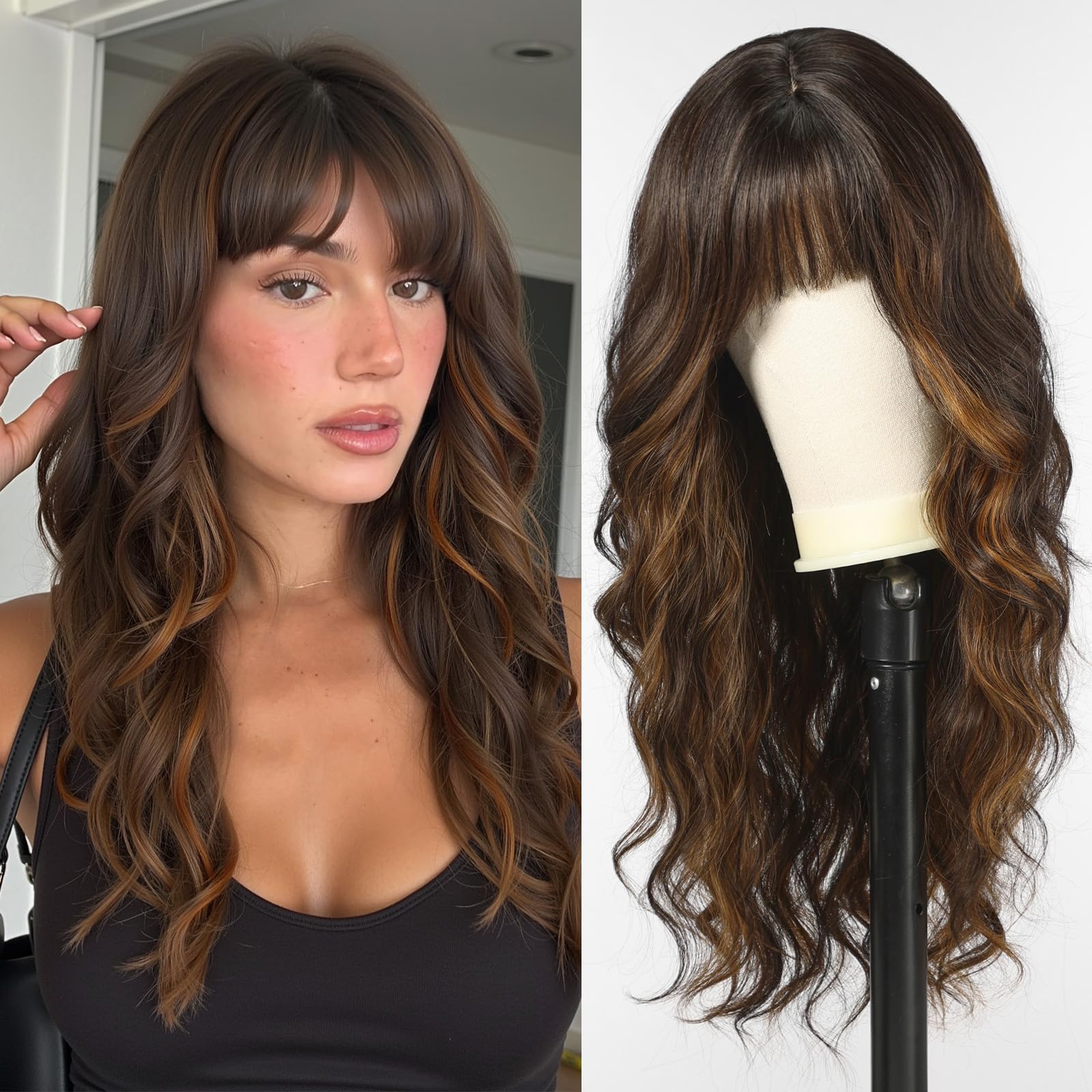 WOKESTAR Long Wavy Mixed Brown Wigs for Women, Heat Resistant Natural Hair with Neat Fringe
