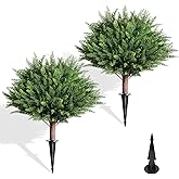 DIAFA Topiary Trees Artificial Outdoor - Set of 2 UV Resistant Faux Plants Faux Shrubs Bushes with Ground Spike for Front Porch Door Garden Decor