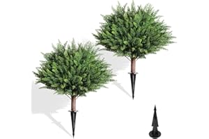 DIAFA 23" Artificial Cedar Topiary Ball Trees ，Set of 2 Outdoor Faux Plants with Ground Spike, UV Resistant Fake Pine Shrubs Bushes for Indoor Front Porch Yard Decorations (Cypres)