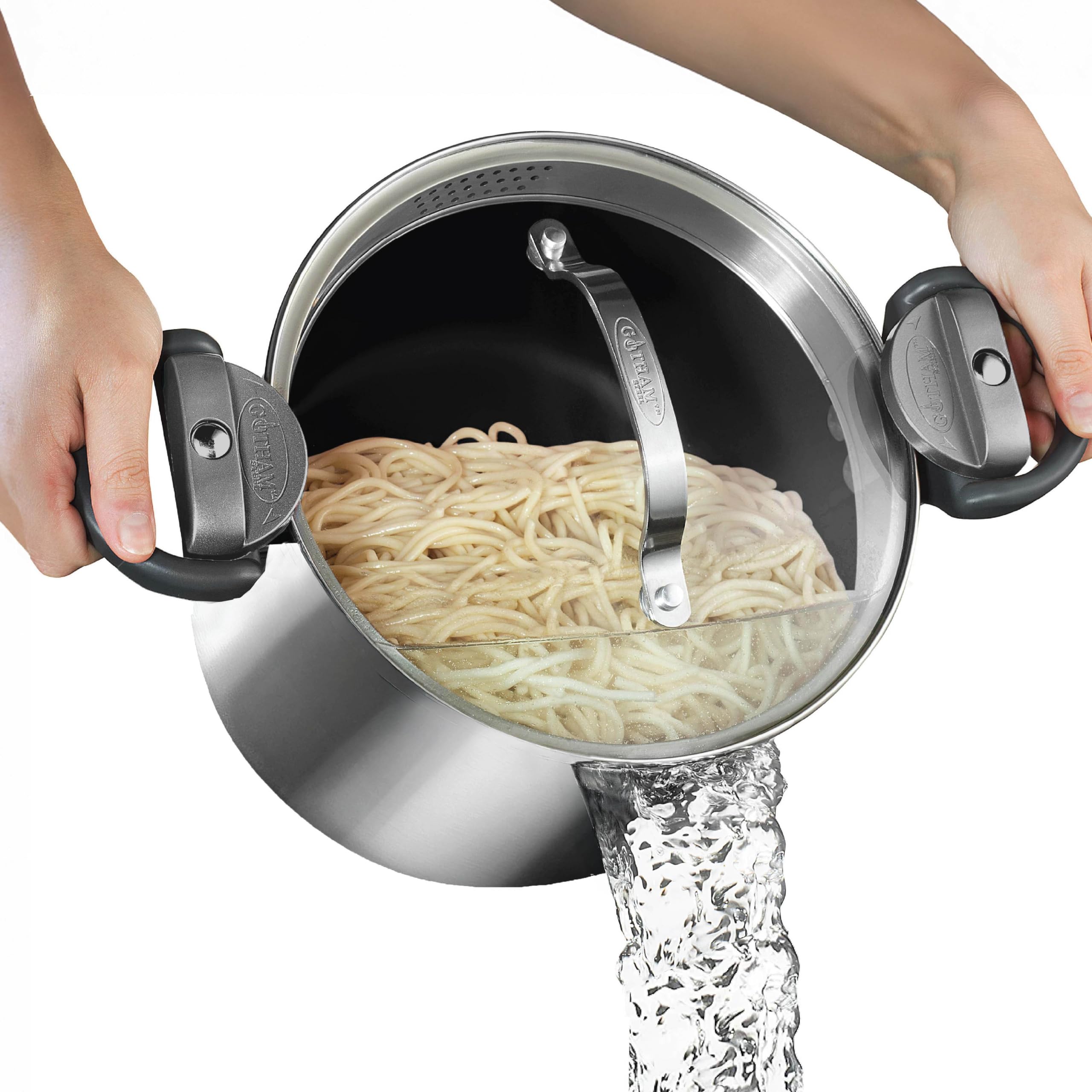 GOTHAM STEEL 8 Qt Stainless Steel Stock Pot Multipurpose Pasta Pot with Strainer Lid & Twist and Lock Handles, for Soup, Spaghetti, Rice, Induction Ready, Dishwasher Safe Image