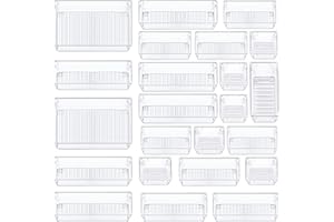 CHEFSTORY 23 PCS Clear Drawer Organizers Set, 4 Sizes Plastic Vanity Storage Bins, Desk Drawer Organizer Trays with Non-slip Silicone Pads for Makeup,Bathroom and Kitchen