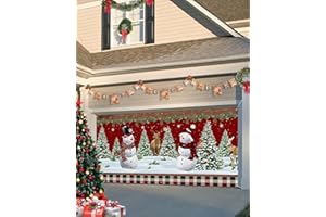 SINGINGIN Christmas Garage Door Banner Cover 7 x 8 ft, Christmas Snowman Xmas Tree Elk Farm Green Red Plaid Christmas Garage Door Decorations Holiday Christmas Backdrop Decor for Winter New Year Xmas Party
