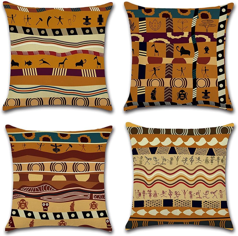 HuifengS Linen Throw Cushion Pillow Covers Square Pillowcase African Style Decorative for Sofas Beds Chairs Cushion Cover Set of 4, 18 x 18 Inch