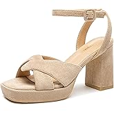 KHPAERMEI Chunky Platform Heels for Women 3.54 Inches Heeled Sandals Comfy Suede Open Toe Ankle Strap Dress High Heels Prom Wedding