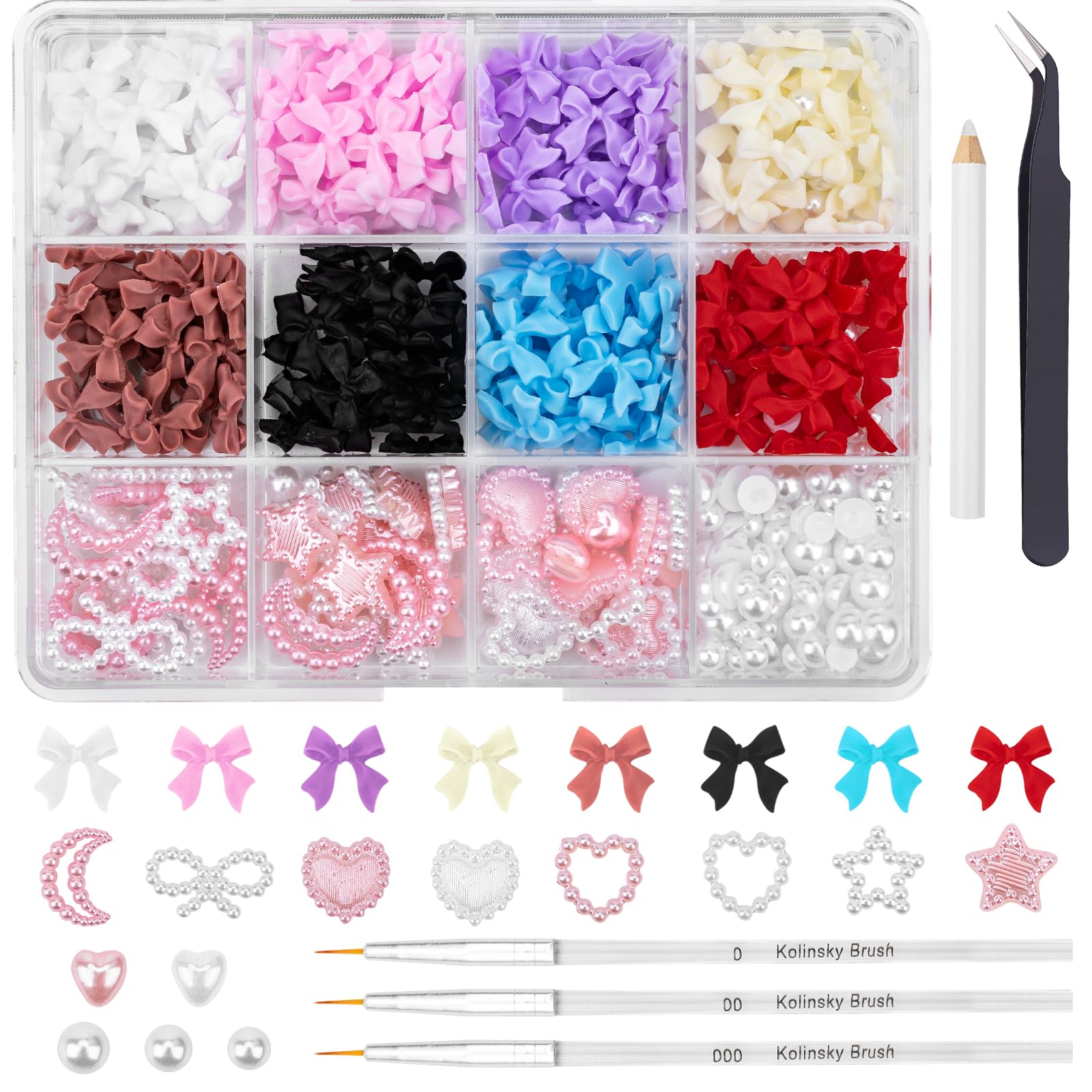 500pcs 3D Nail Charms & Art Brushes, Assorted Color Multi Shapes Bow Heart Star Moon Pearl Nail Rhinestones Gems Diamonds with Pickup Tool