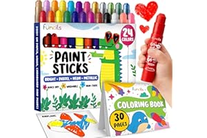 Funcils 24 Tempera Paint Sticks with Coloring Book - Washable, Non-Toxic Markers | Works on Paper, Canvas, Wood, Cardboard - 