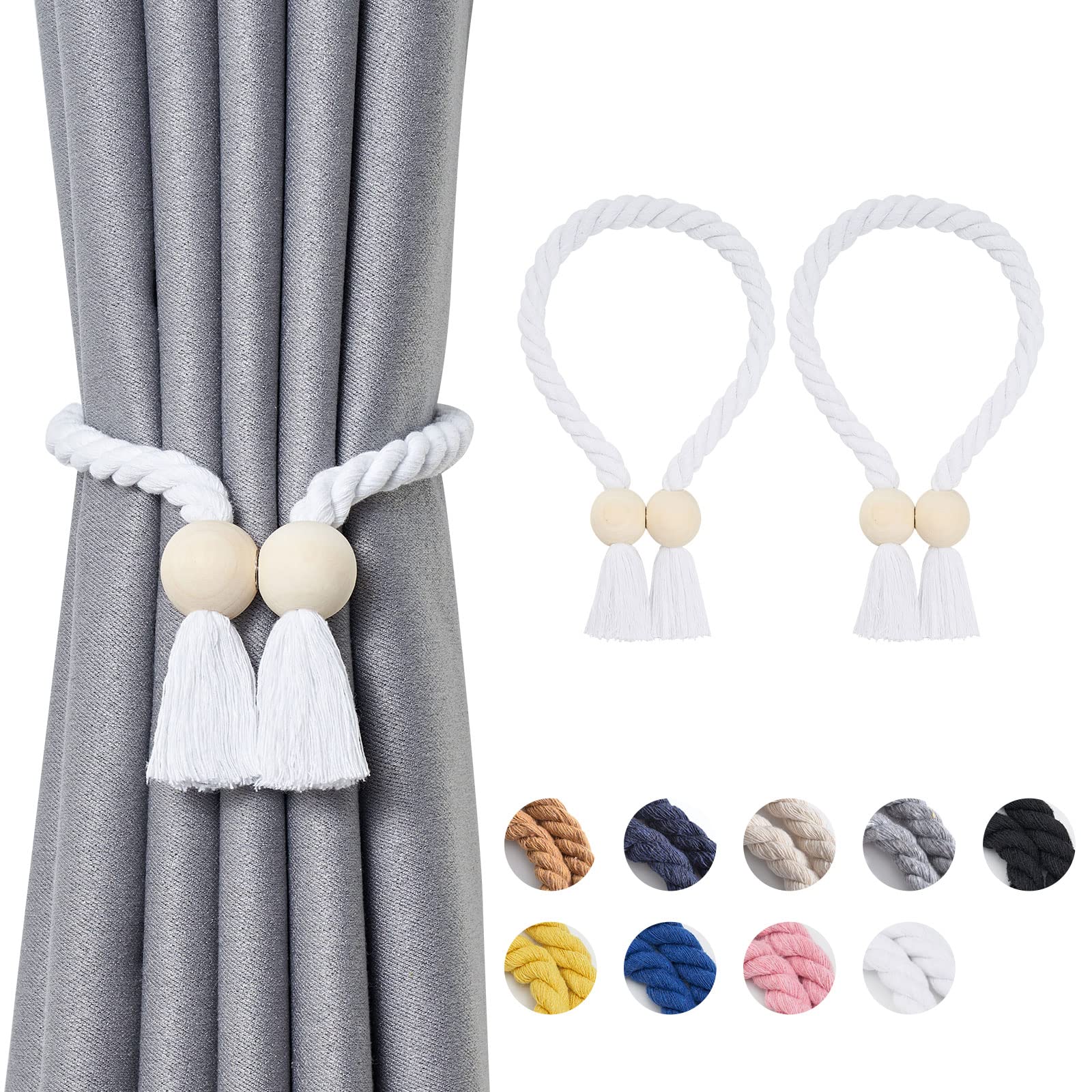 Pretty Jolly 2 Pack Wooden Ball Magnetic Curtain Tiebacks Boho Home Decor Drape Tie Backs Natural Cotton Hand Woven Rope Curtain Holdbacks for Thin & Thick Home & Office Window Draperies (White)