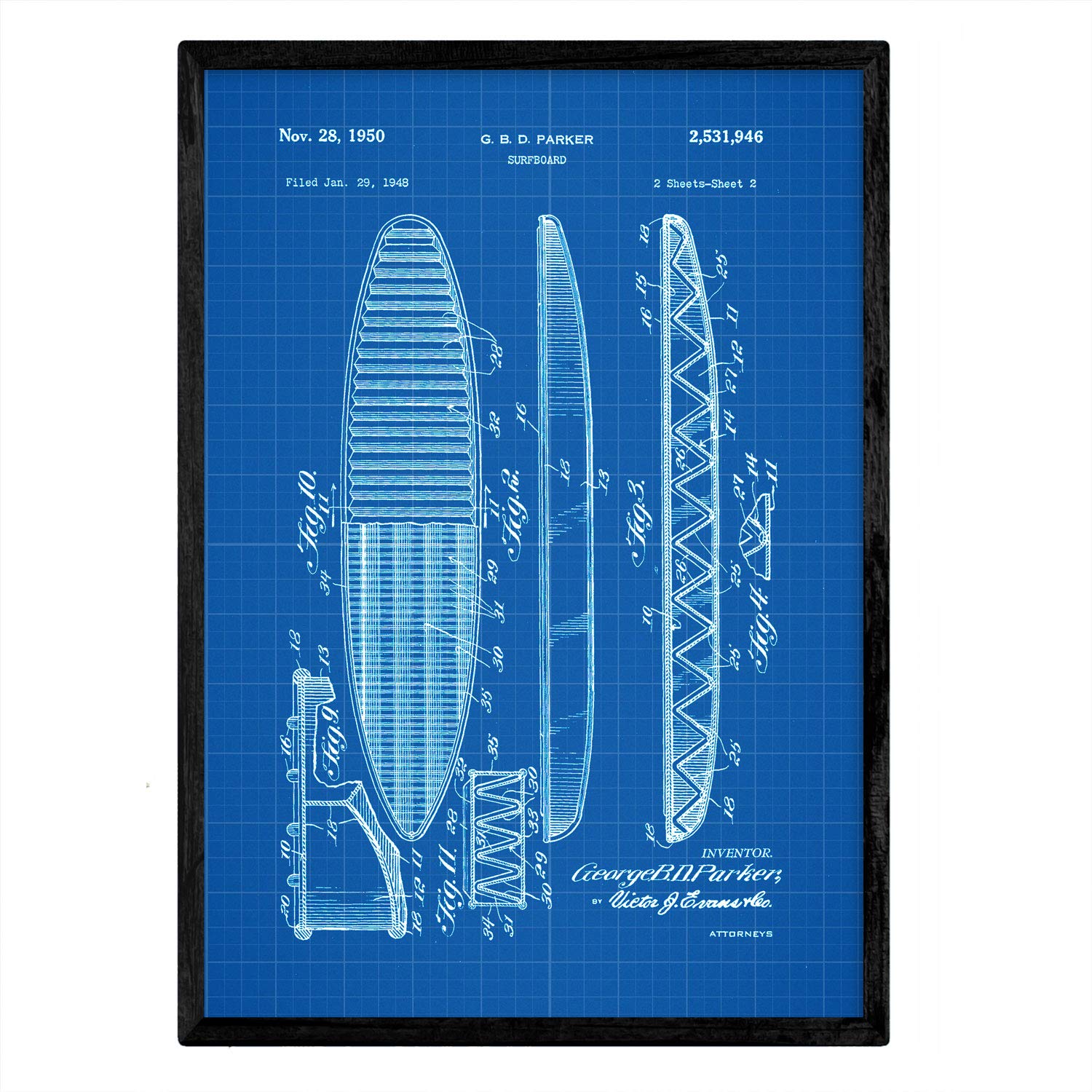 Nacnic Poster patent surfboard. Sheet with old design patent A3 size with blue background