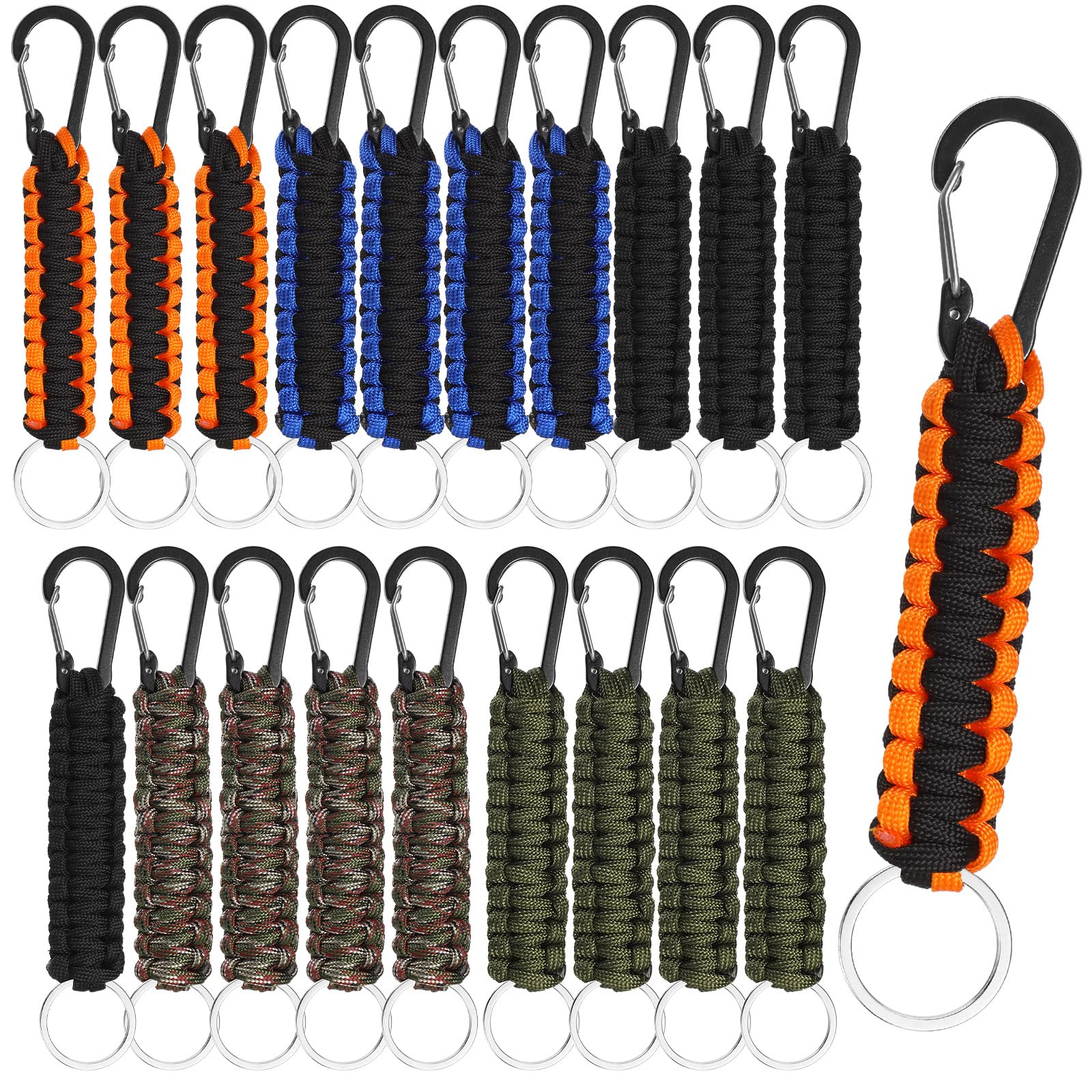 Photo 1 of Fumete 20 Pcs Paracord Keychain Military Braided Keychain Clip with Strap Paracord Backpack Strap with Chain Hooks for Women Men Camping Fishing Hiking Backpacking Keys Hanger, 5 Styles